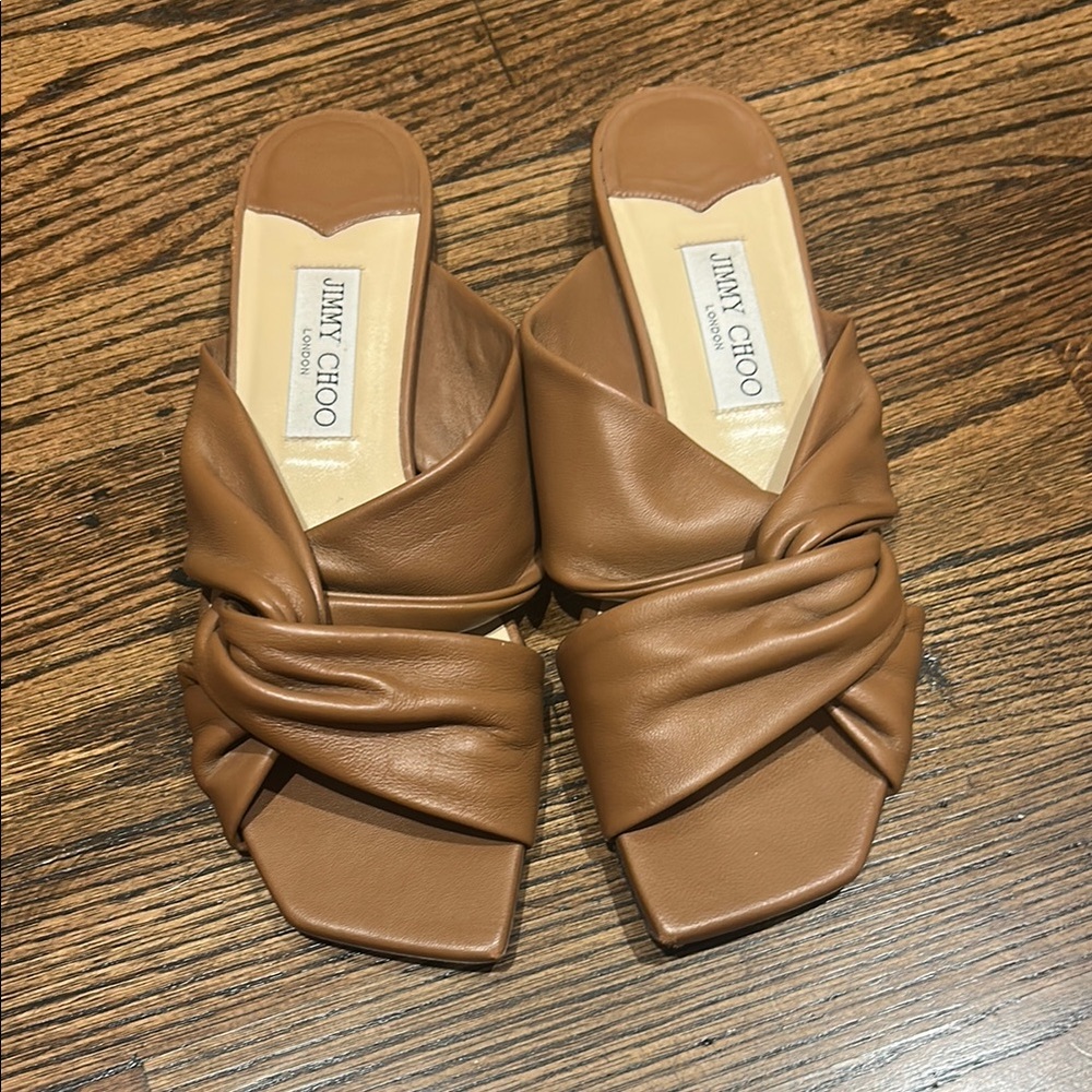 Jimmy Choo Tan Leather Knot Slide Sandals